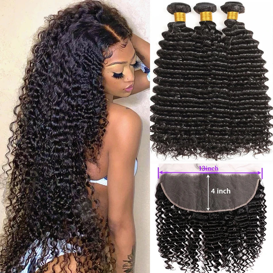 100% Human Hair Bundles with Closure Frontal Brazilian Deep Wave Hair Extensions and 13x4 Lace Frontal Curly Human Hair Weaving