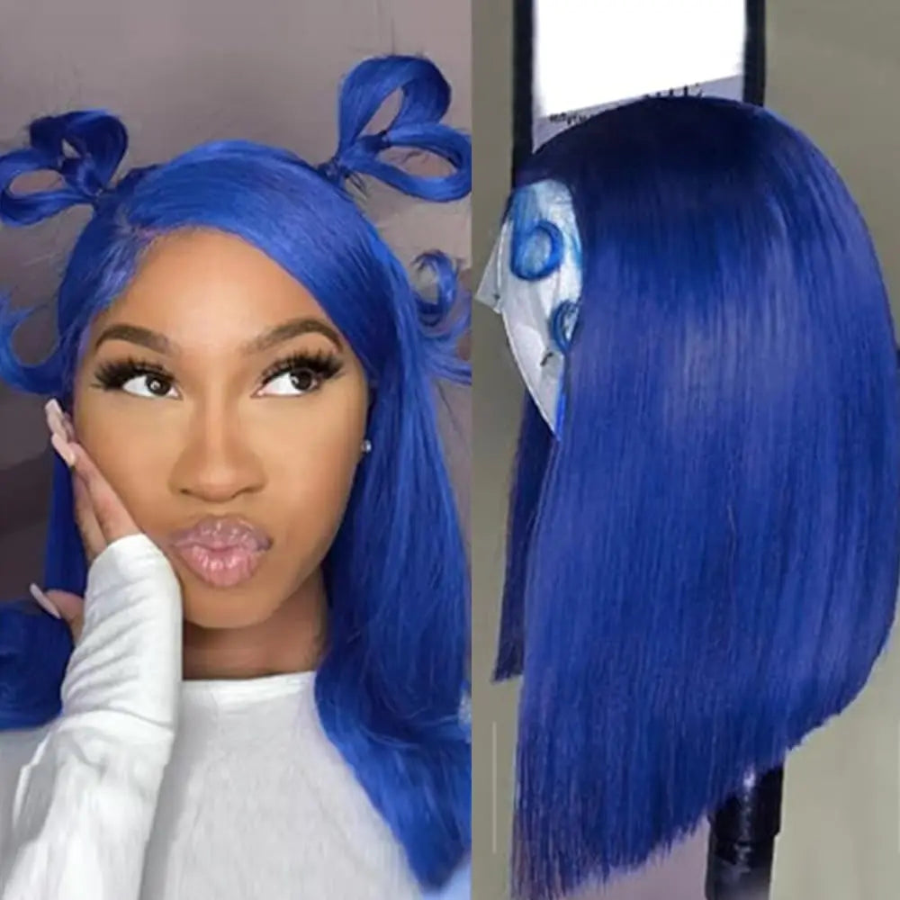 200 High Density Blue Lace Front Straight Wig 100% Human Hair Short Bob 13x4 Transparent Frontal Lace Wigs For Women