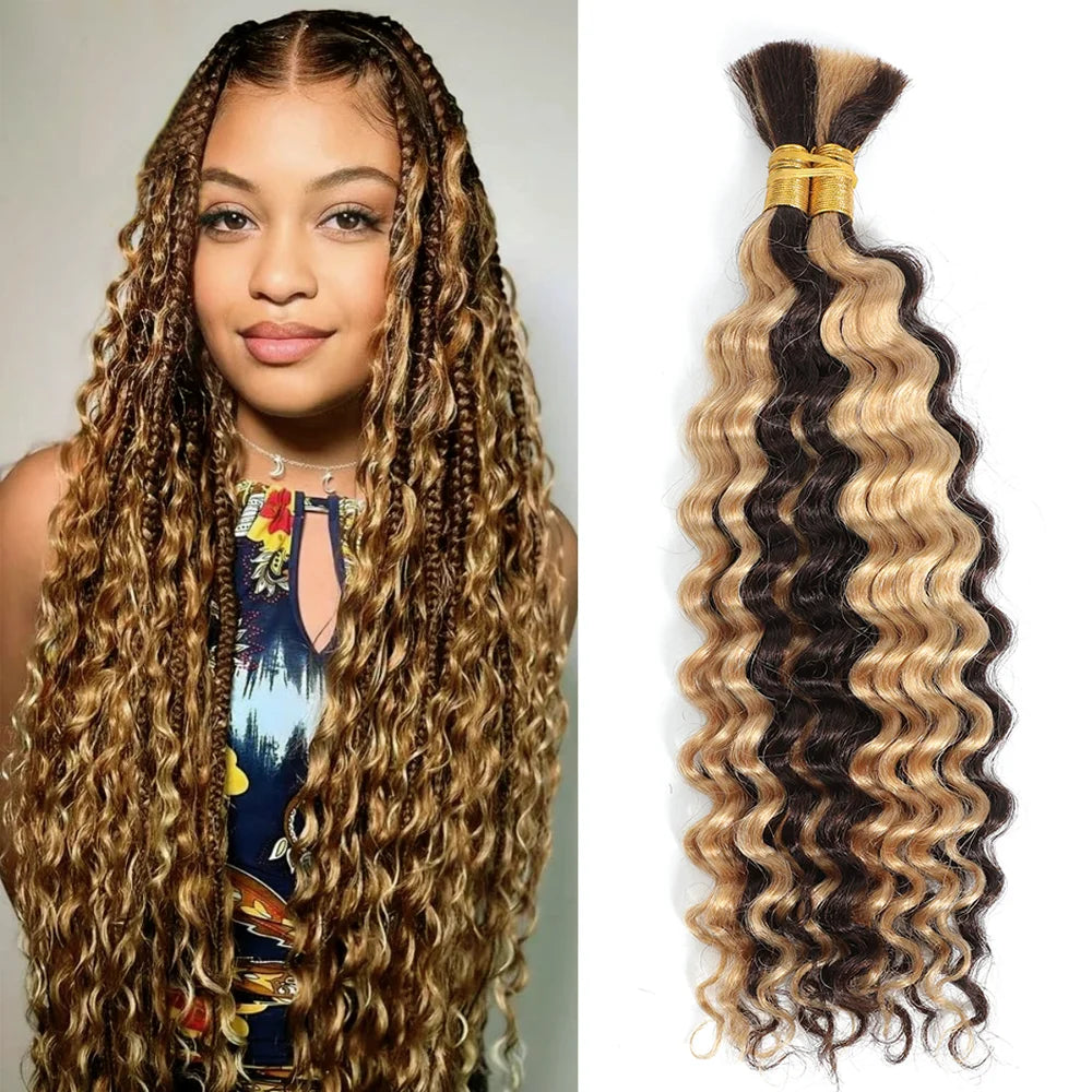 Human Braiding Hair 1 Bundle 20 Inch Human Hair Bundles for Braiding Highlight P4/27 Color Deep Wave Bulk Human Hair Bundles