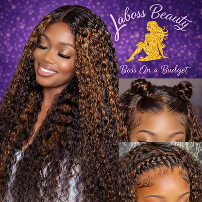 LaBoss Beauty Highlight Curly Lace Front Wig | 100% Human Hair | Natural Curls with Honey Brown Accents