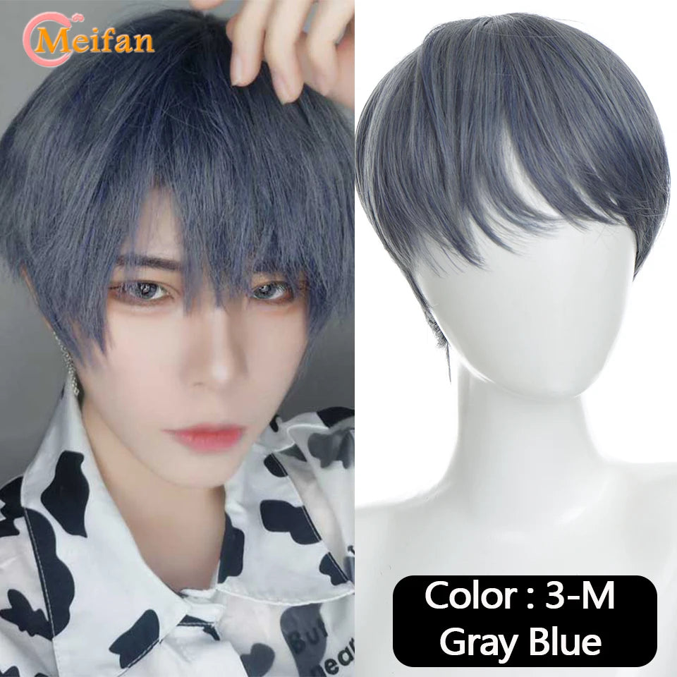 MEIFAN Synthetic Short Cosplay Lolita Anime Men Wig Male Straight Hair High Temperature Fiber Pink Blue Blonde Ombre Black Wig