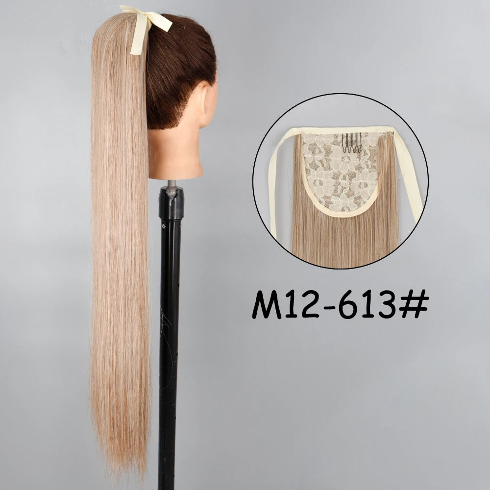 34inches Synthetic Ponytail Hair Extension Clip in Fake Wig Hairpiece Blonde Wrap Around Pigtail Long Smooth Overhead Pony Tail