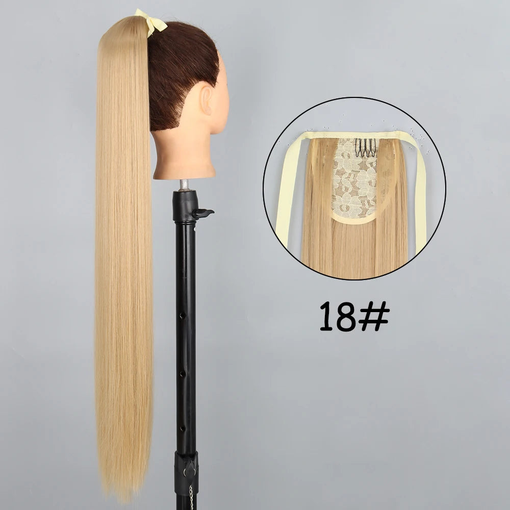 34inches Synthetic Ponytail Hair Extension Clip in Fake Wig Hairpiece Blonde Wrap Around Pigtail Long Smooth Overhead Pony Tail