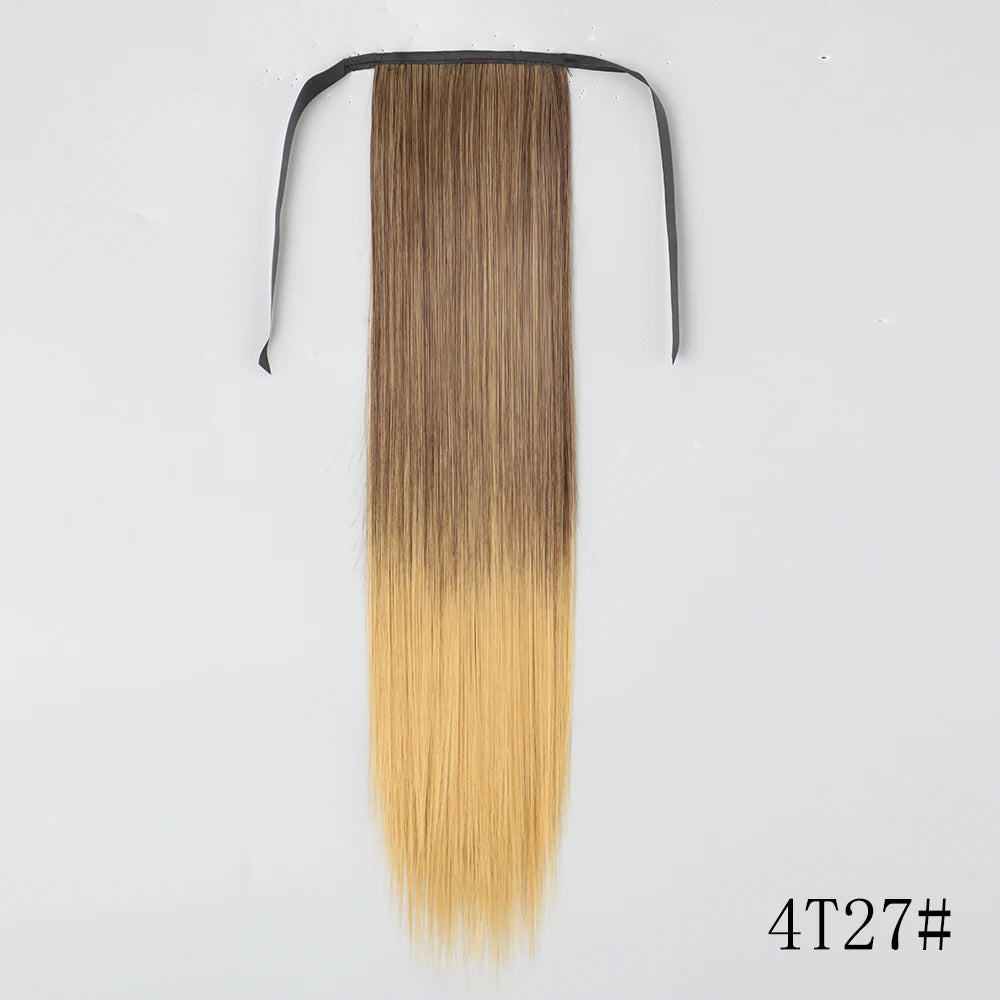 22 34inches Long Straight Ponytail Synthetic Extensions Heat Resistant Hair Wrap Around Pony Hairpiece for Women