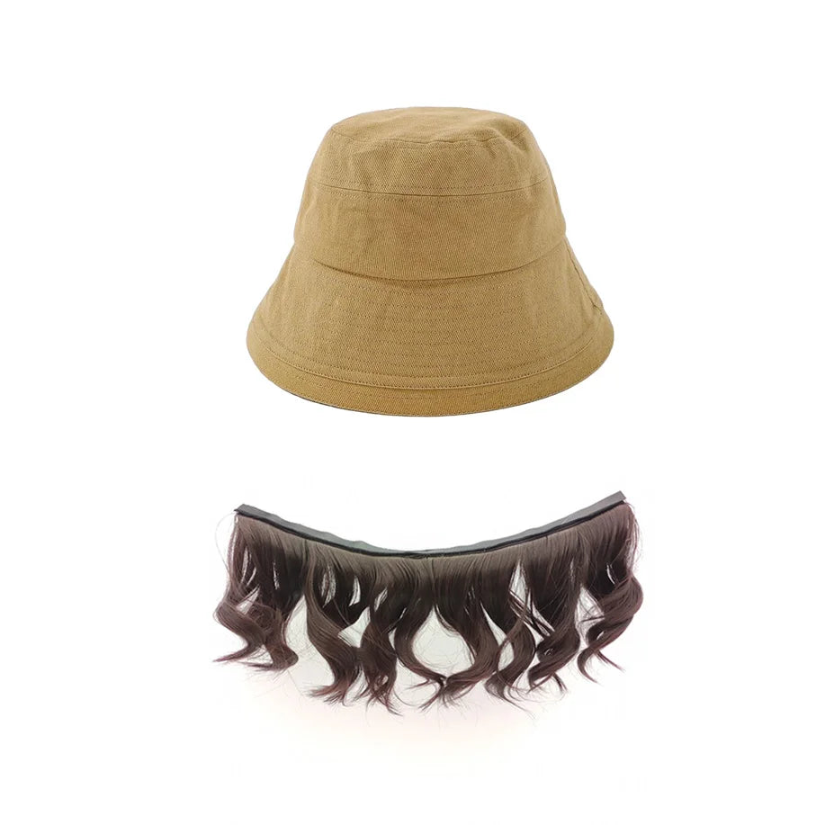 Fashionable Bucket Hat with Hair for Women,Short Wavy Detachable Fake Hat Wigs for Fall/Summer/Spring,Black/Khaki Cap Wig