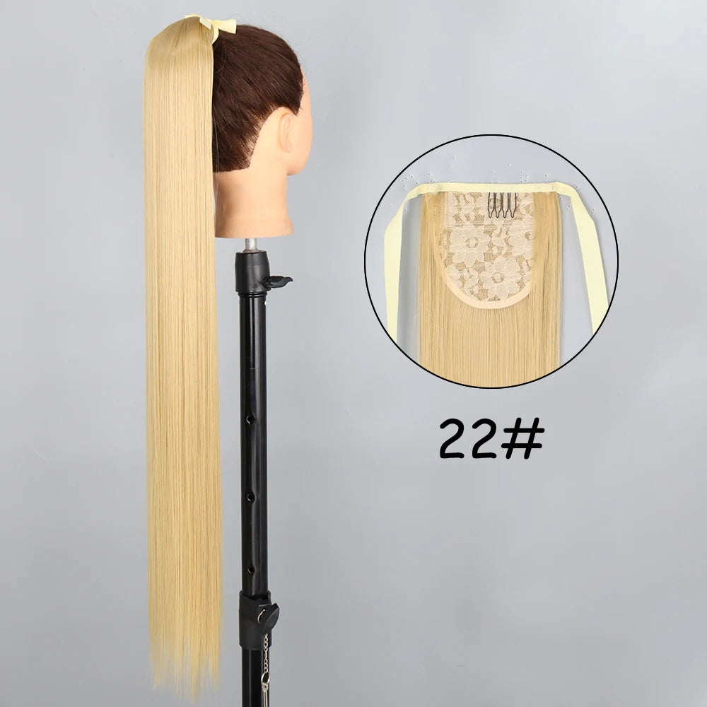 34inches Synthetic Ponytail Hair Extension Clip in Fake Wig Hairpiece Blonde Wrap Around Pigtail Long Smooth Overhead Pony Tail