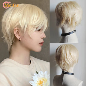 MEIFAN Synthetic Short Cosplay Lolita Anime Men Wig Male Straight Hair High Temperature Fiber Pink Blue Blonde Ombre Black Wig