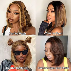 4/27 Highlight Bob Wigs Straight Lace Front Wig Human Hair Ombre Frontal Bob Wig Human Hair Gluelss Wear To Go Ombre Brown Wig 1