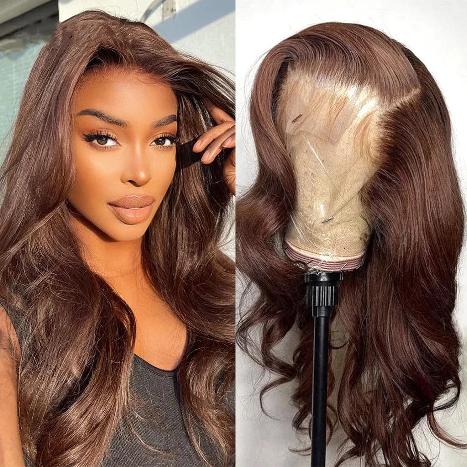 13x4 Chocolate Brown Body Wave Lace Front Wigs 180% Transparent Lace Frontal Wig Pre Plucked Colored Human Hair Wig For Women