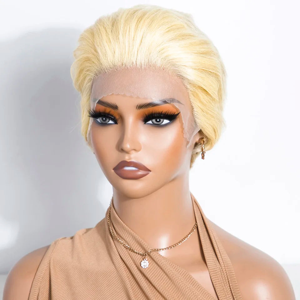 Sleek Short Human Hair Wigs For Women 613 Blonde Pixie Cut Lace Wigs 13x1 Lace Front Brazilian Hair Wig Preplucked Hairline