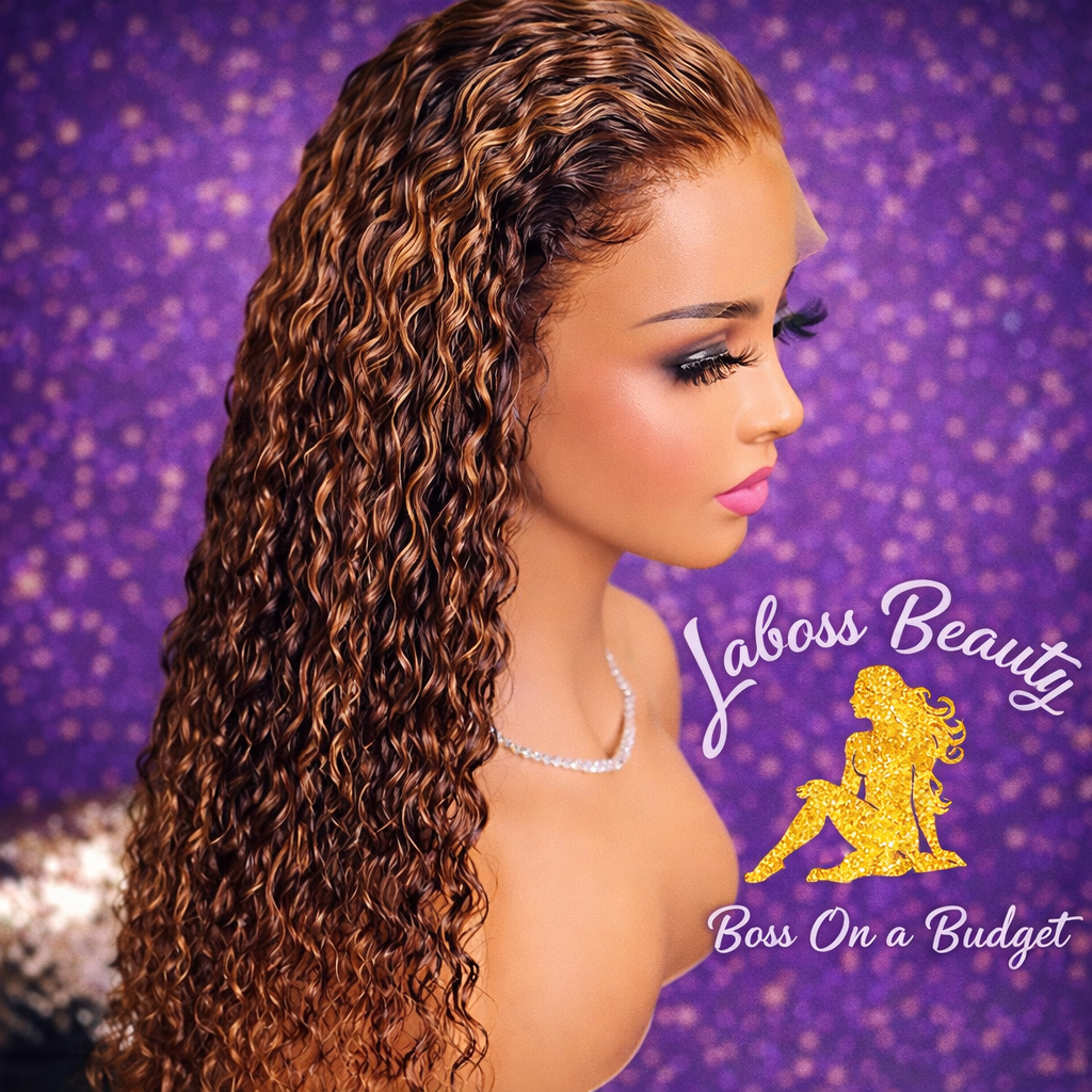 LaBoss Beauty Highlight Curly Lace Front Wig | 100% Human Hair | Natural Curls with Honey Brown Accents
