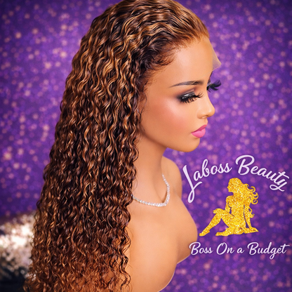LaBoss Beauty Highlight Curly Lace Front Wig | 100% Human Hair | Natural Curls with Honey Brown Accents