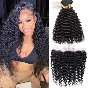 Deep Wave Human Hair Bundles with Closure 100% Unprocessed Virgin Human Hair 3 Bundles With Transparent Lace Frontal Natural  1B