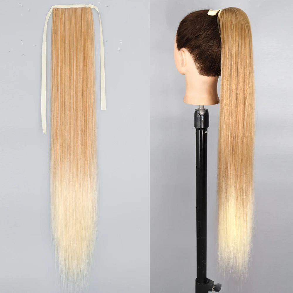 Synthetic Ponytail Hair Extension Long Straight Clip In Natural Hairpiece Black Blonde Hairstyle 85cm Wrap Around Pony Tail