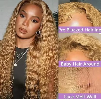 200% Density #27 Honey Blonde Wig Human Hair Deep Wave 13x6 Human Hair Lace Frontal Wig 13x4 Lace Front Human Hair Wig Curly Wig