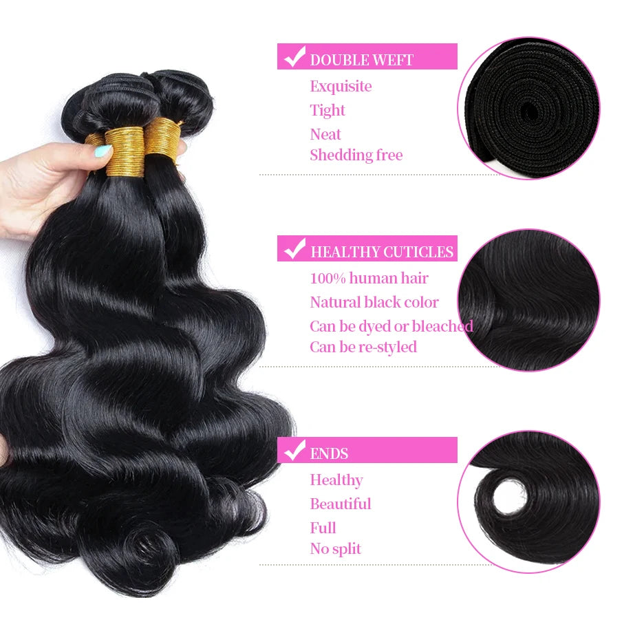 100% Human Hair Bundles 10-30 inches Unprocessed Hair Big Body Wave Natural Black Color Remy Human Hair Bundles Extensions Hair