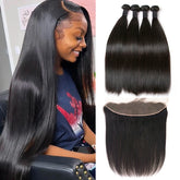 Human Hair Bundles With 13x4 Frontal Brazilian Straight Bundles With Frontal Human Hair Weave Extensions 3 Bundles Remy Hair