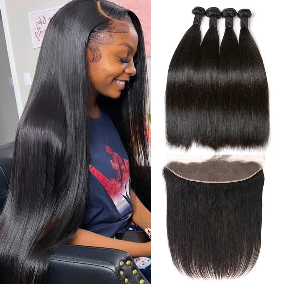 Human Hair Bundles With 13x4 Frontal Brazilian Straight Bundles With Frontal Human Hair Weave Extensions 3 Bundles Remy Hair