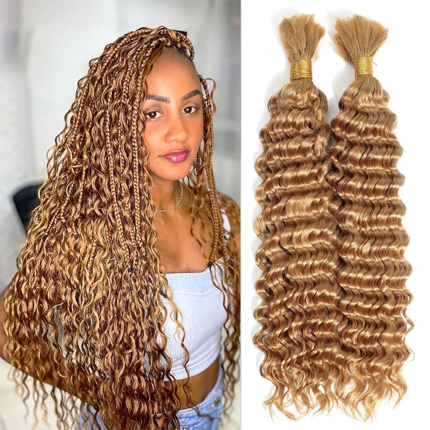 2 Bundles 100g Boho Braiding Human Hair for Boho Braids 4/27 Bohemian Knotless Wet and Wavy Deep Wave Curly Curls Bulk No Weft