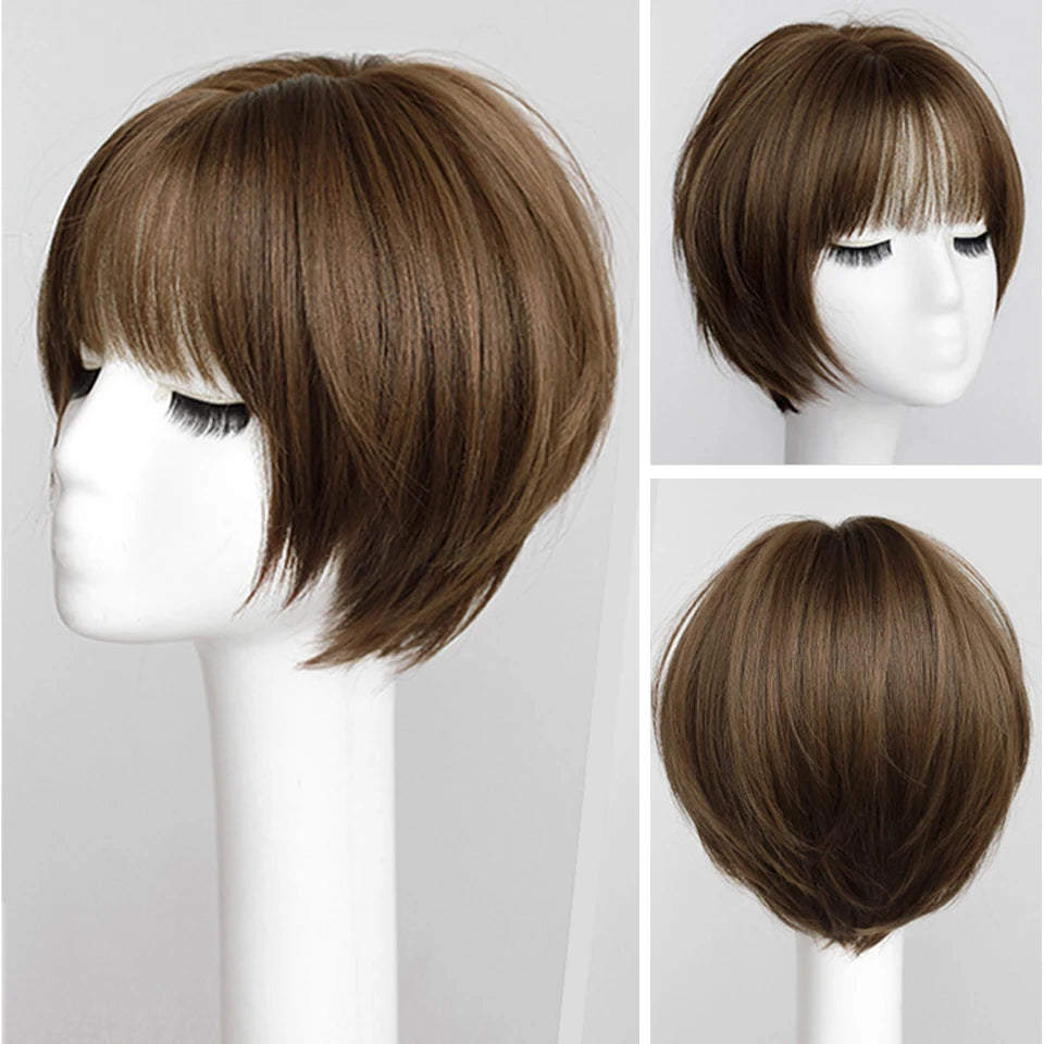 BEAUTYCODE Synthetic Straight Bob Hair Wig for Women  Short Wigs with Bangs Heat Resistant Dark Brown Hair Cosplay Wig