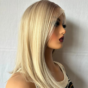 Ash Blonde Highlight Color Short Straight Bob Lace Front Wigs For Women Long Synthetic Hair Wig Dark Roots 13x4 Lace Frontal Wig