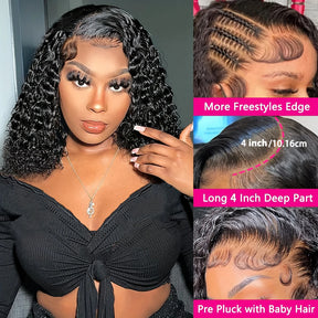 8-16inch Short Bob Wig 13x4 Deep Wave Curly Bob Wig Human Hair Lace Frontal Wigs 200% Density 4X4 Lace Closure Natural Black Wig