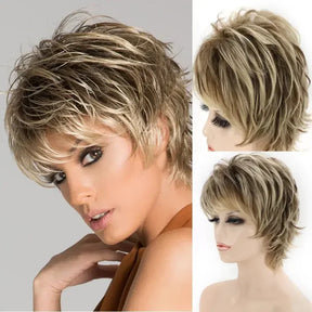 Women's Fashion Short Synthetic Wigs Pixie Cut Blonde Ombre Hair Costume Party Female Natural Curly Wavy Wig