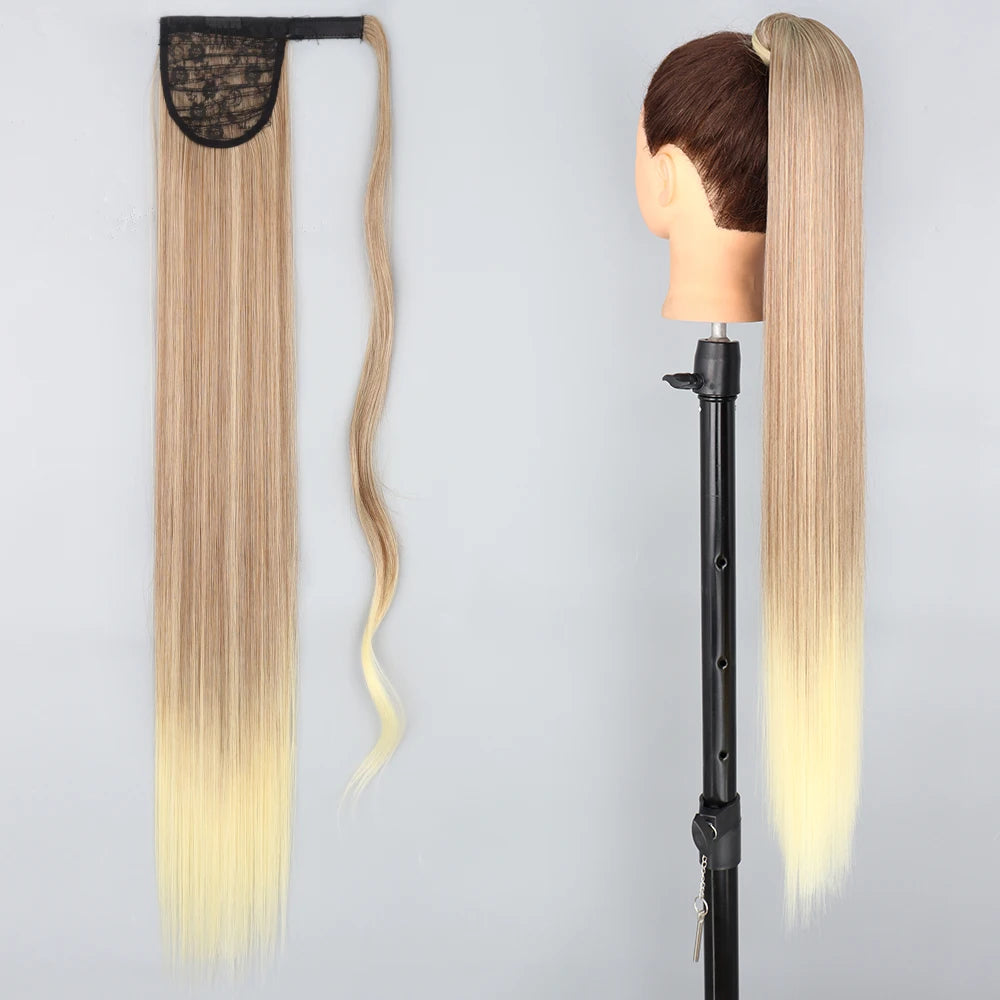 Synthetic Ponytail Hair Extension Long Straight Clip In Natural Hairpiece Black Blonde Hairstyle 85cm Wrap Around Pony Tail