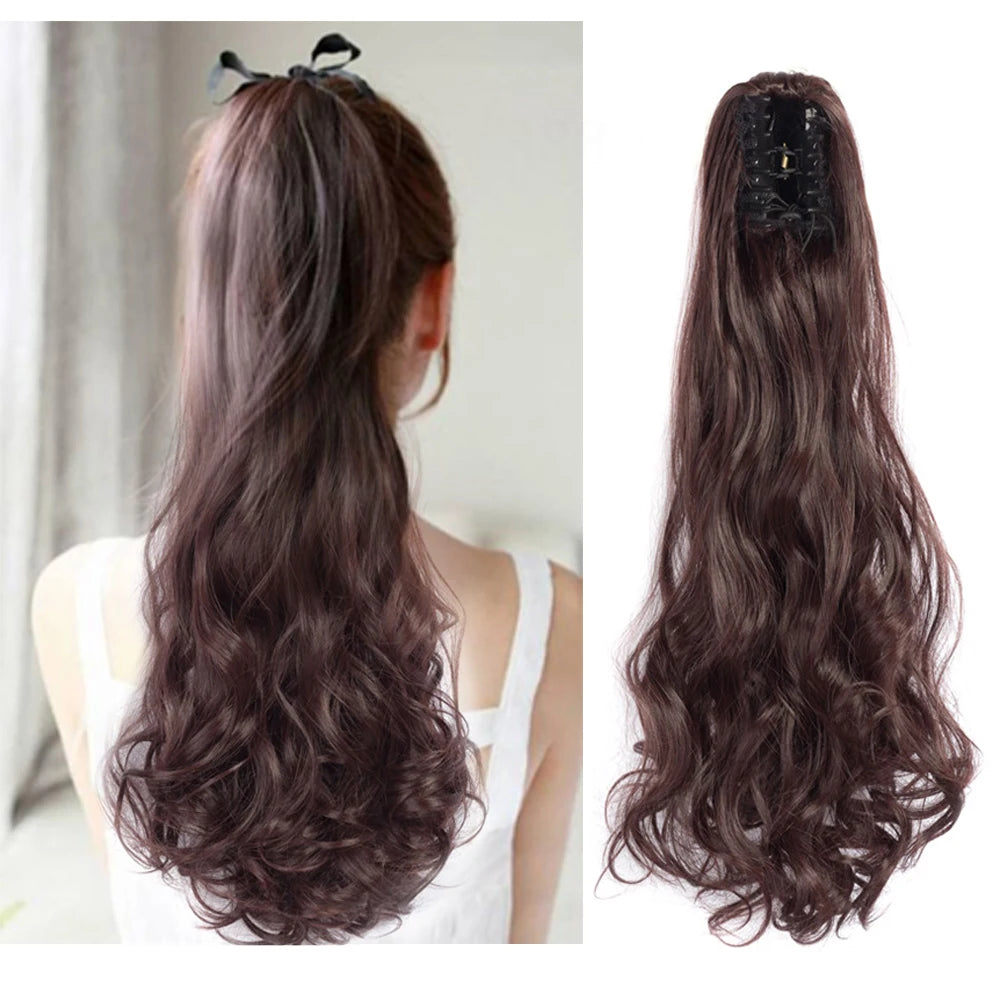 Azqueen Heat Resistant Synthetic Ponytai Hair 22" Wavy Claw Clip in Golden black Hair Extensions Ponytail