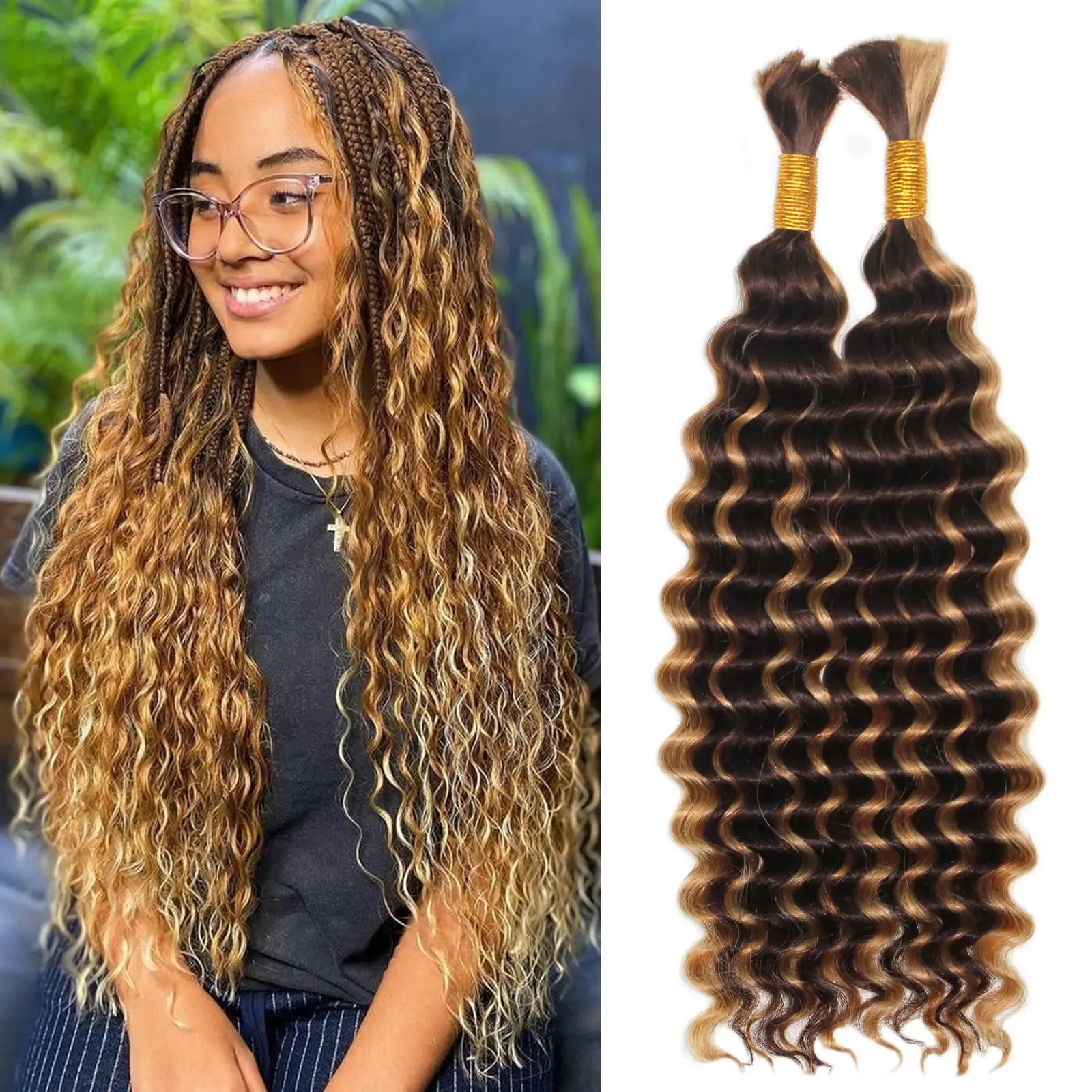 2 Bundles 100g Boho Braiding Human Hair for Boho Braids 4/27 Bohemian Knotless Wet and Wavy Deep Wave Curly Curls Bulk No Weft