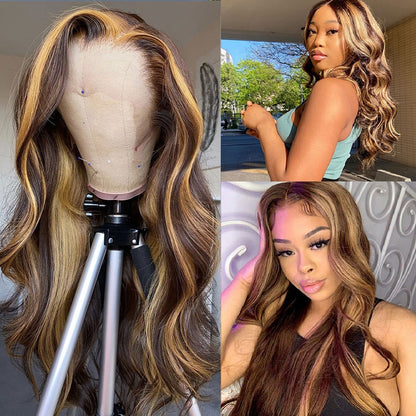 4/27 Highlight Ombre Colored body wave 13x6 HD Lace Frontal wig Human Hair 100% 30 40 Inch brazilian wigs