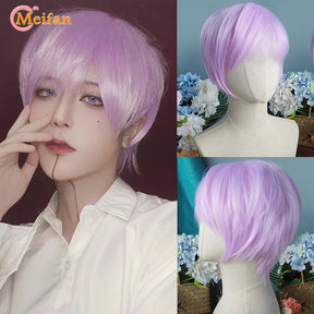 MEIFAN Synthetic Short Cosplay Lolita Anime Men Wig Male Straight Hair High Temperature Fiber Pink Blue Blonde Ombre Black Wig