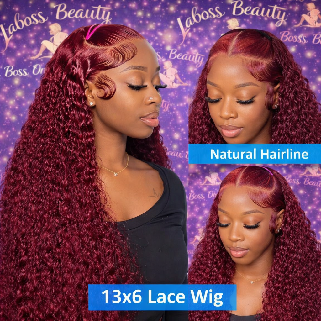 LaBoss Beauty 99J Burgundy Deep Wave Wig – 13x6 HD Lace Frontal | 250% Density | 100% Human Hair (30–40”)