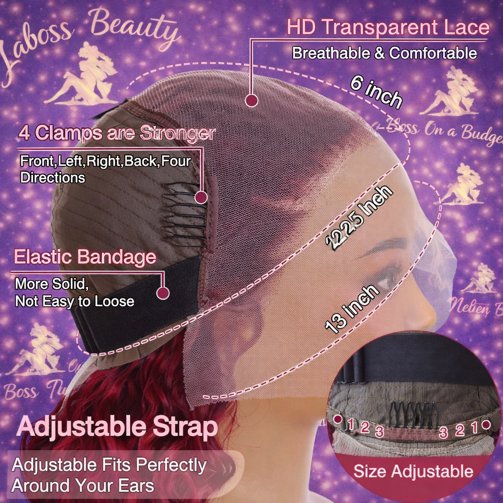 LaBoss Beauty 99J Burgundy Deep Wave Wig – 13x6 HD Lace Frontal | 250% Density | 100% Human Hair (30–40”)