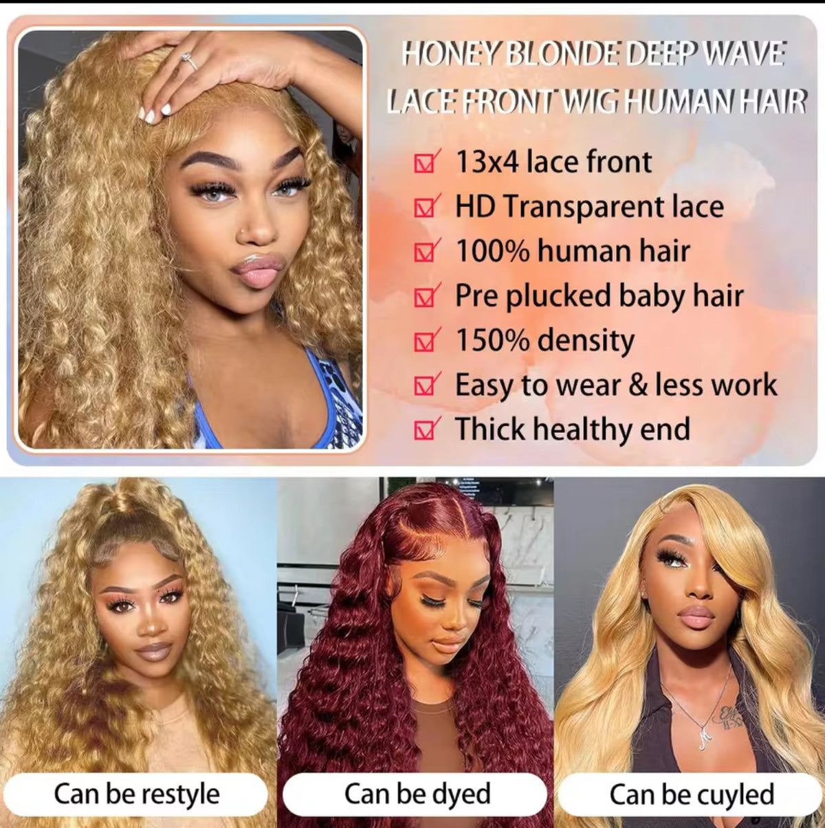 200% Density #27 Honey Blonde Wig Human Hair Deep Wave 13x6 Human Hair Lace Frontal Wig 13x4 Lace Front Human Hair Wig Curly Wig