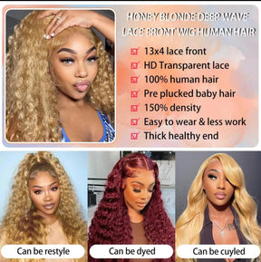 200% Density #27 Honey Blonde Wig Human Hair Deep Wave 13x6 Human Hair Lace Frontal Wig 13x4 Lace Front Human Hair Wig Curly Wig