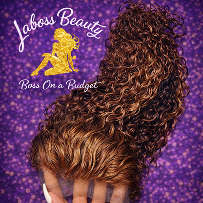 LaBoss Beauty Highlight Curly Lace Front Wig | 100% Human Hair | Natural Curls with Honey Brown Accents