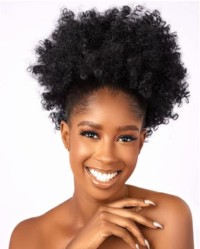 Afro Puff kinky curly Drawstring Ponytail Extension for Women Synthetic Short Afro Kinkys Curly Afro Bun Extension Hairpieces Updo Hair Extensions with Two Clips(1B)