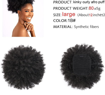 Afro Puff kinky curly Drawstring Ponytail Extension for Women Synthetic Short Afro Kinkys Curly Afro Bun Extension Hairpieces Updo Hair Extensions with Two Clips(1B)