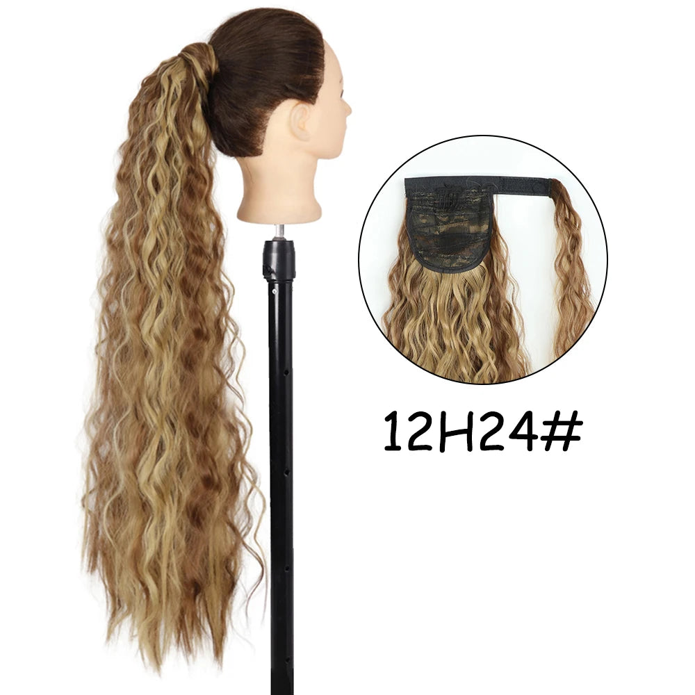 34inches Synthetic Ponytail Hair Extension Clip in Fake Wig Hairpiece Blonde Wrap Around Pigtail Long Smooth Overhead Pony Tail