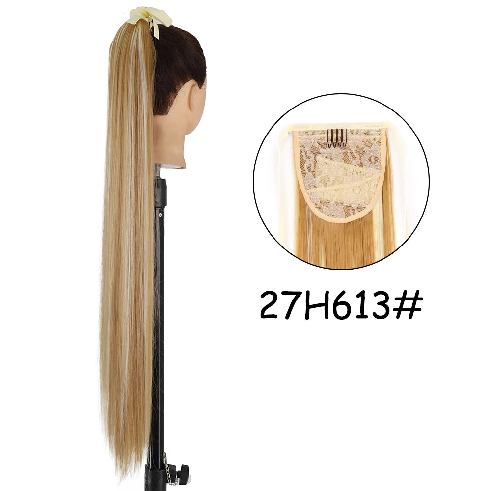 34inches Synthetic Ponytail Hair Extension Clip in Fake Wig Hairpiece Blonde Wrap Around Pigtail Long Smooth Overhead Pony Tail