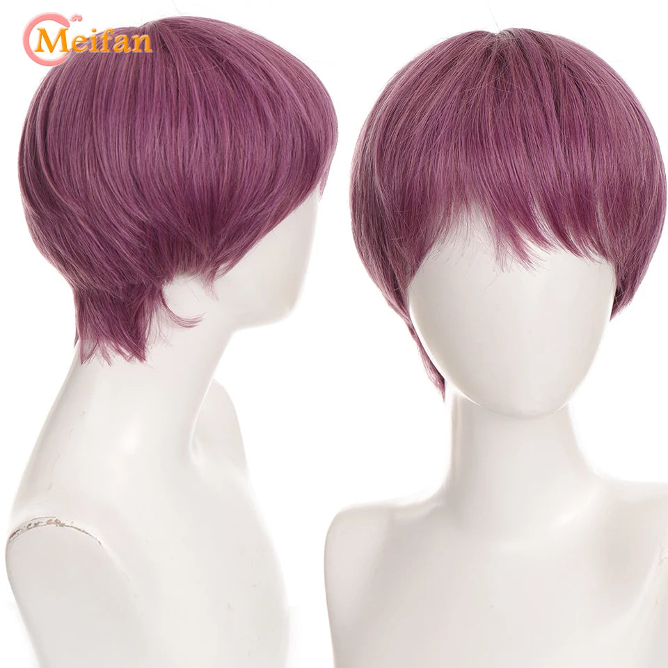 MEIFAN Synthetic Short Cosplay Lolita Anime Men Wig Male Straight Hair High Temperature Fiber Pink Blue Blonde Ombre Black Wig