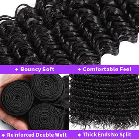 100% Human Hair Bundles with Closure Frontal Brazilian Deep Wave Hair Extensions and 13x4 Lace Frontal Curly Human Hair Weaving