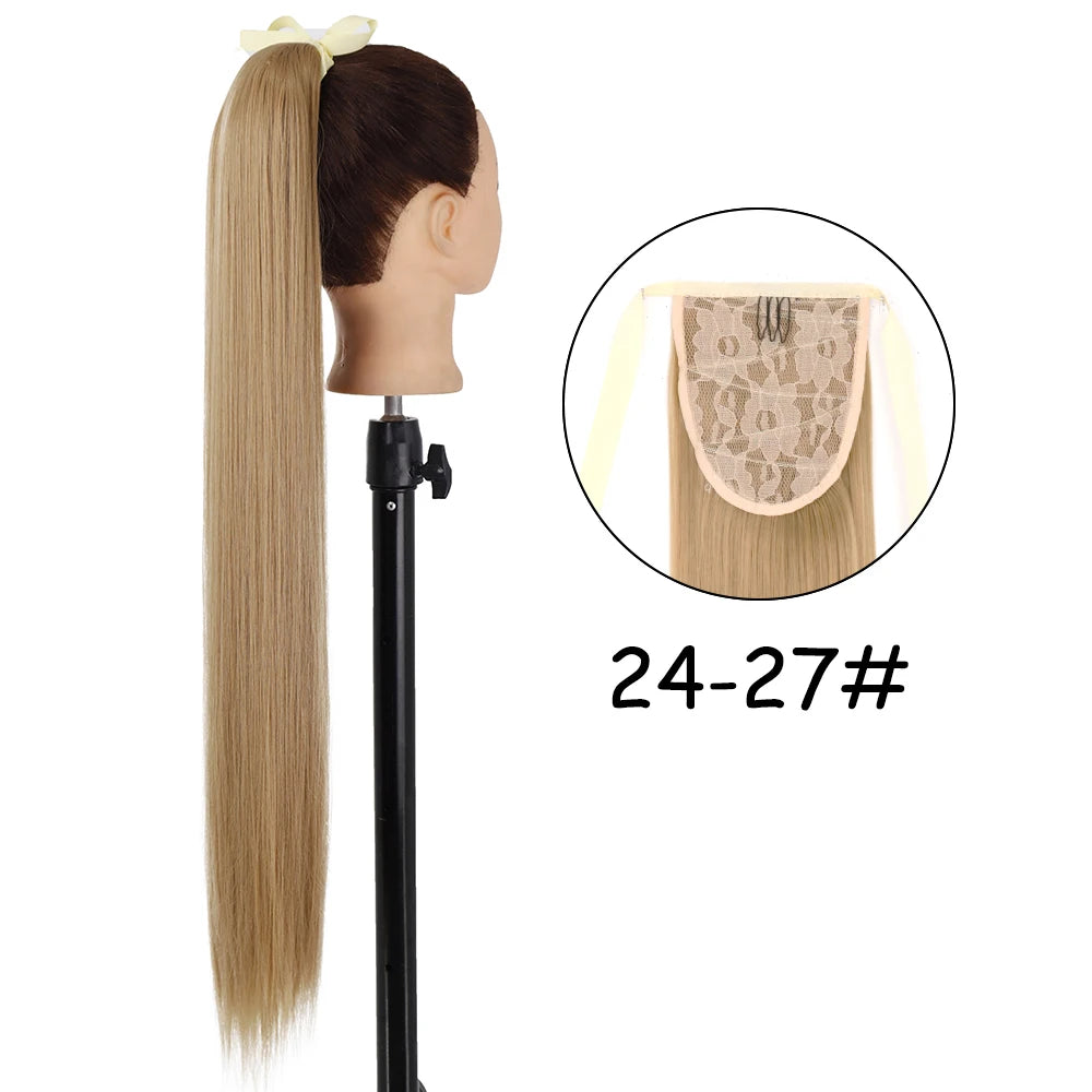 34inches Synthetic Ponytail Hair Extension Clip in Fake Wig Hairpiece Blonde Wrap Around Pigtail Long Smooth Overhead Pony Tail