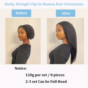 Kinky Straight Clips In Human Hair Extensions Natural Color In Brazilian 100% Remy Human Hair 120G 8Pcs/Set Full Head For Women