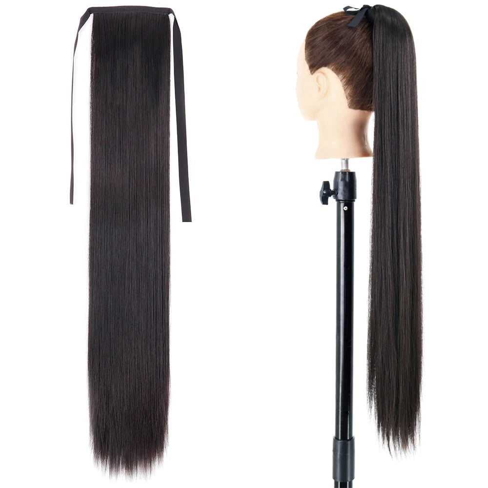 Synthetic Ponytail Hair Extension Long Straight Clip In Natural Hairpiece Black Blonde Hairstyle 85cm Wrap Around Pony Tail