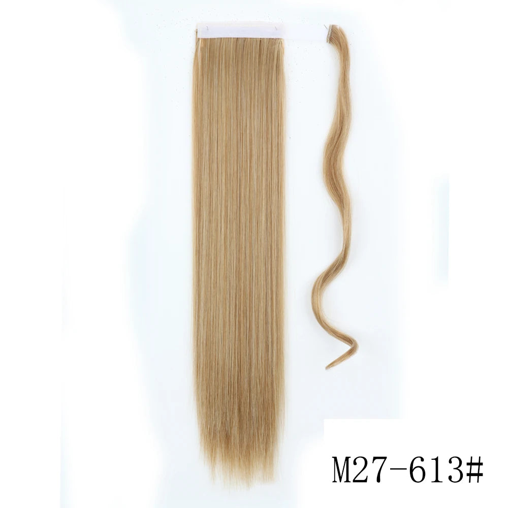 22 34inches Long Straight Ponytail Synthetic Extensions Heat Resistant Hair Wrap Around Pony Hairpiece for Women