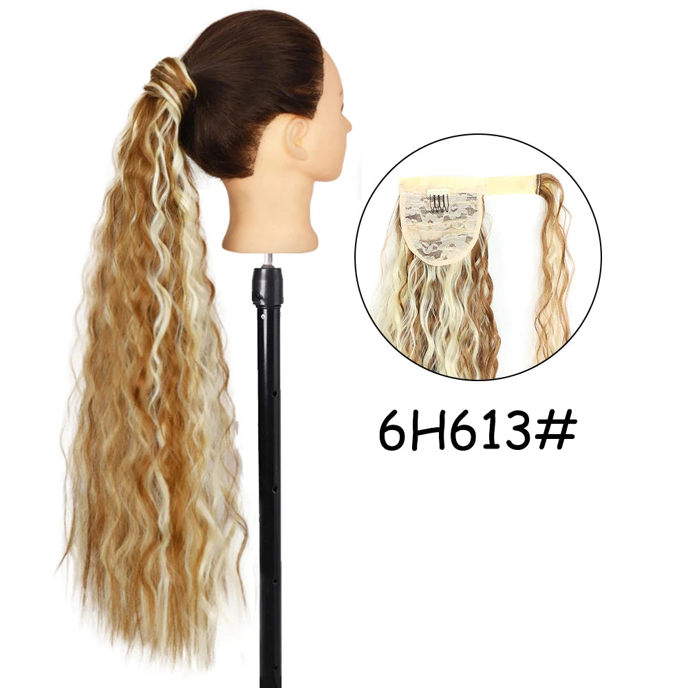 34inches Synthetic Ponytail Hair Extension Clip in Fake Wig Hairpiece Blonde Wrap Around Pigtail Long Smooth Overhead Pony Tail