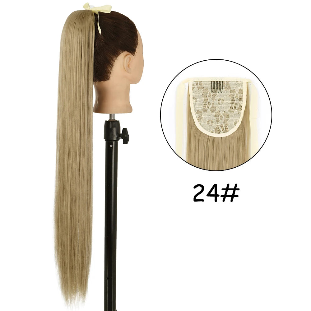 34inches Synthetic Ponytail Hair Extension Clip in Fake Wig Hairpiece Blonde Wrap Around Pigtail Long Smooth Overhead Pony Tail