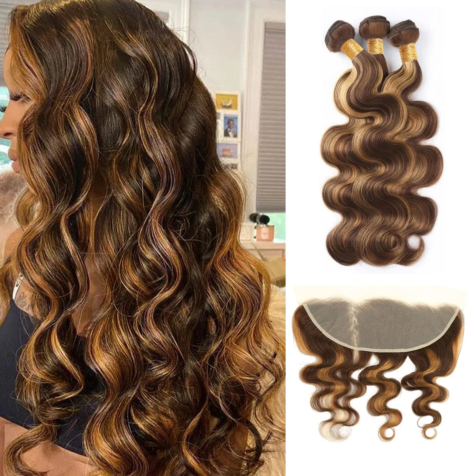 Bundles With Frontal Body Wave Honey Blonde Highlight 3 Bundle with 13x4 Lace Frontal Closure P4-27 Natural Brazilian Human Hair